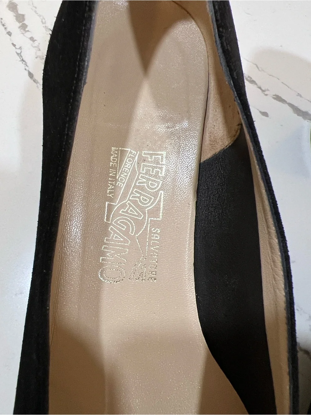 Salvatore Ferragamo Black Suede Vara Bow Pumps with Gold Hardware size W 11.5